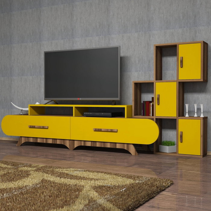 Hanah Home Flora S - Mueble de TV Nogal y Amarillo Hanah Home Flora S - Mueble de TV Nogal y Amarillo